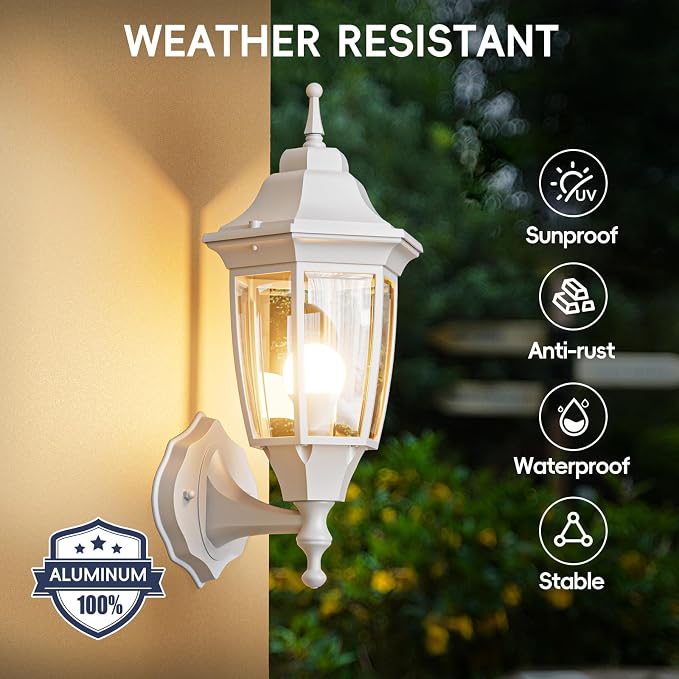 EMART Outdoor Front Porch Light with Bulb, Wall Lamp Fixture(1 Pack, White) | Exterior Anti-Corrosion, Waterproof Aluminum & Glass Shades, Modern Sconce Lantern for Outside, House, Garage
