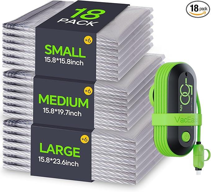 Vacuum Bags for Travel with USB Pump, 18 Pack Compression Travel Vacuum Bags for Luggage and Suitcase, Carry-on Size Space Saver Bags for Clothes and Clothing