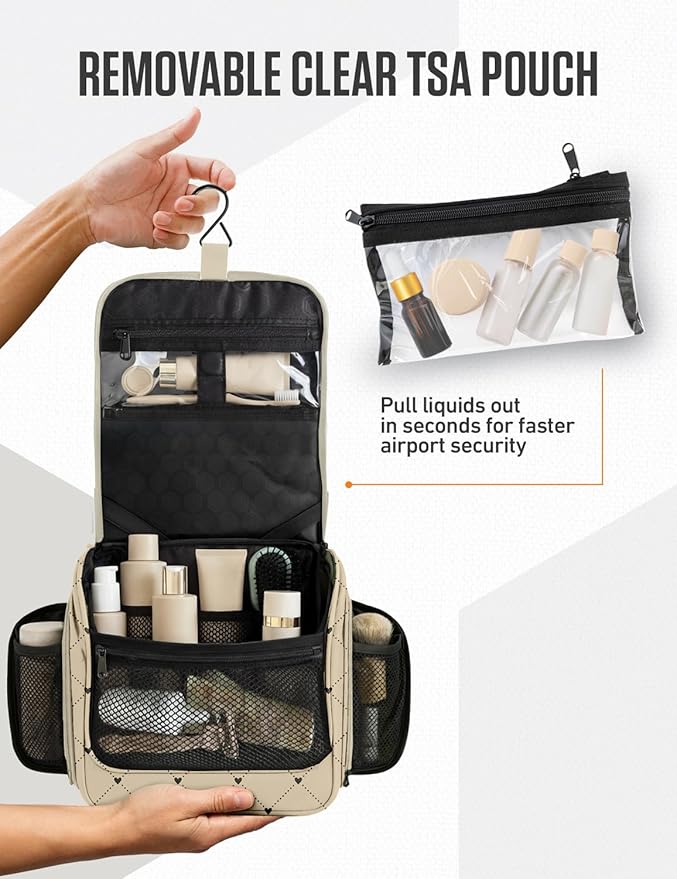 VENTURE 4TH Hanging Travel Toiletry Bag for Women & Men – Large Toiletry Organizer with 17 Compartments, Removable TSA Pouch, Travel Wash Bag for Toiletries, Makeup & Shaving Kit (Beige Diamonds)