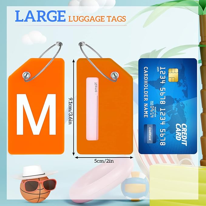 8 Pcs Initial Letter A-Z Luggage Tags Silicone Suitcase Instrument Tag with Name Card and Stainless Steel Loop(Letter M,Orange)