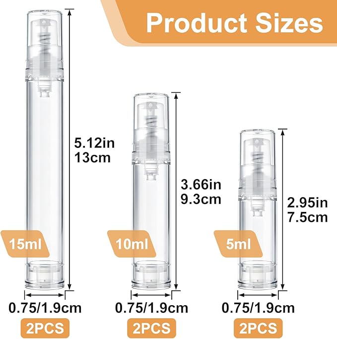 6pcs Airless Travel Pump Bottle, Empty Refillable Vacuum Pump Bottle, 5ml 10ml 15ml Plastic Press Lotion Travel Container for DIY Cosmetic Foundation Toiletries- Clear