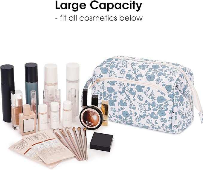 Narwey Cute Floral Makeup Bag Wide-open Make up Bag Travel Cosmetic Organizer Toiletry Bag for Cosmetics Toiletries Accessories (Blue Flower)