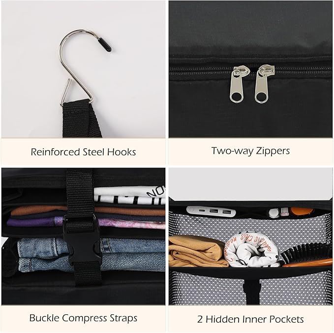 Surblue Hanging Closet Storage Bag Collapsible 3-Shelf Washable Oxford Fabric with 2 Hooks (XL 17.71 * 11.81 * 20in, Black)