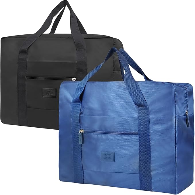 Travel Duffel Bag Carry on Luggage Bag Foldable Travel Tote Bag Waterproof Sports Gym Lightweight Large Weekender Overnight Bag for Women and Men (Black+Blue)