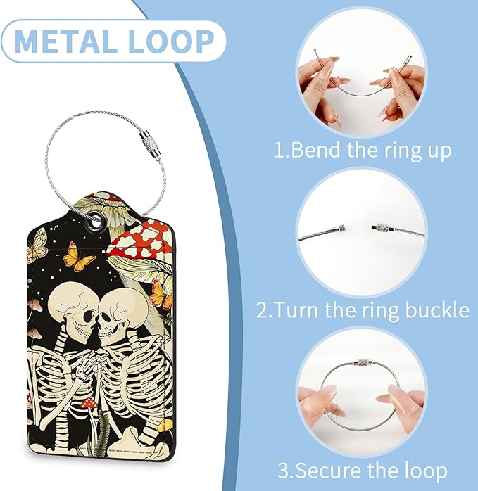 2 Pcs Luggage Tag for Suitcases, Mushroom Skull Funny Cute PU Leather Suitcase Tag Privacy Cover ID Label with Metal Loop, Personalized Baggage Identifier for Women Bag Travel Essentials