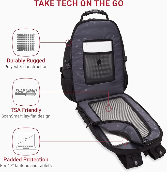 SWISSGEAR 1900 ScanSmart TSA Laptop Backpack Fits 17 Inch Laptop with RFID Protection and Tablet Pocket, Black/Black, 19-Inch