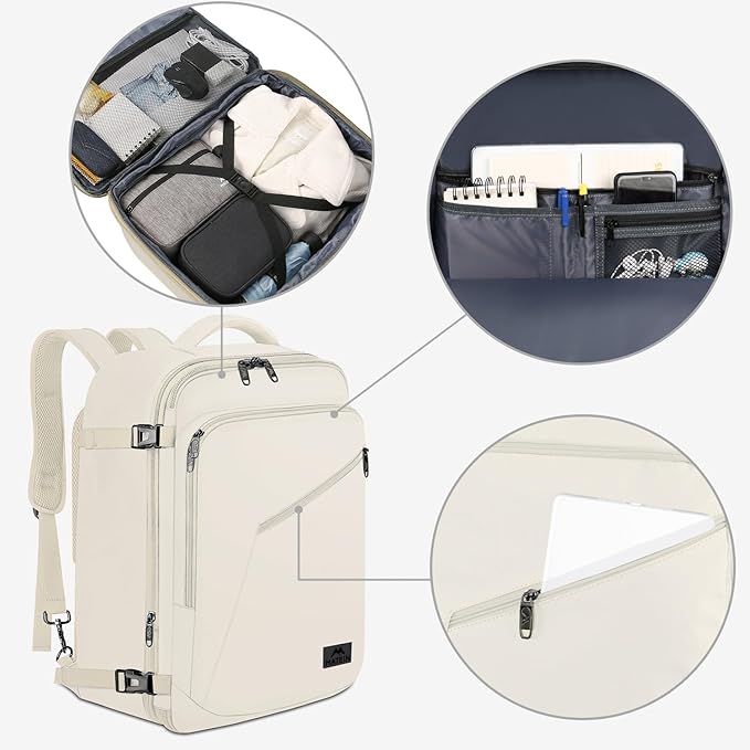 MATEIN Large Backpack for Travel Flight Approved, 45L Carry on Backpack with Padded Shoulder Straps for Adult, Men, Women, Expandable Daypack for Clothes, Travel Essentials, Beige