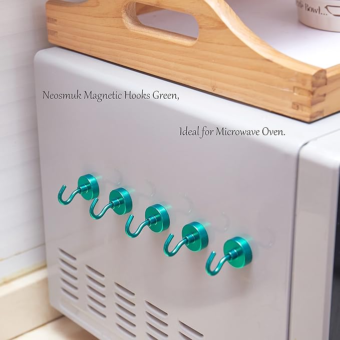 Neosmuk Magnetic Hooks,Heavy Duty Earth Magnets with Hook for Refrigerator, Extra Strong Cruise Hook for Hanging, Magnetic Hanger for Cabins, Grill (Green, 6 Pack)