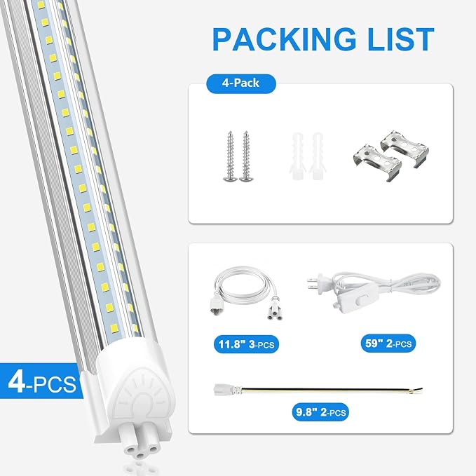 SHOPLED LED Shop Lights 2FT, 22W 3300LM 6000K Cool White, V-Shape Linkable | T8 Tube Light Fixtures, Utility Shop Lights, 2 Foot Cabinet Lighting for Workbench, Basement, Cabinet, ETL Listed, 4-Pack