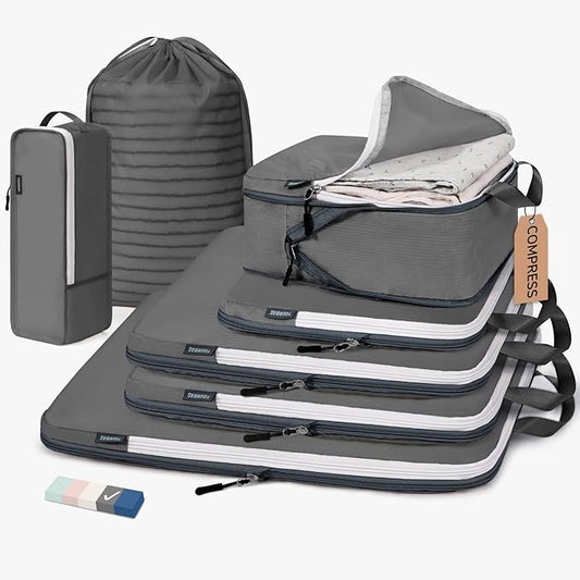 CherryNow Compression Packing Cubes, 7 Set Packing Cubes Compression, Travel Essentials, Travel Organizer for Shoes, Clothing, Grey