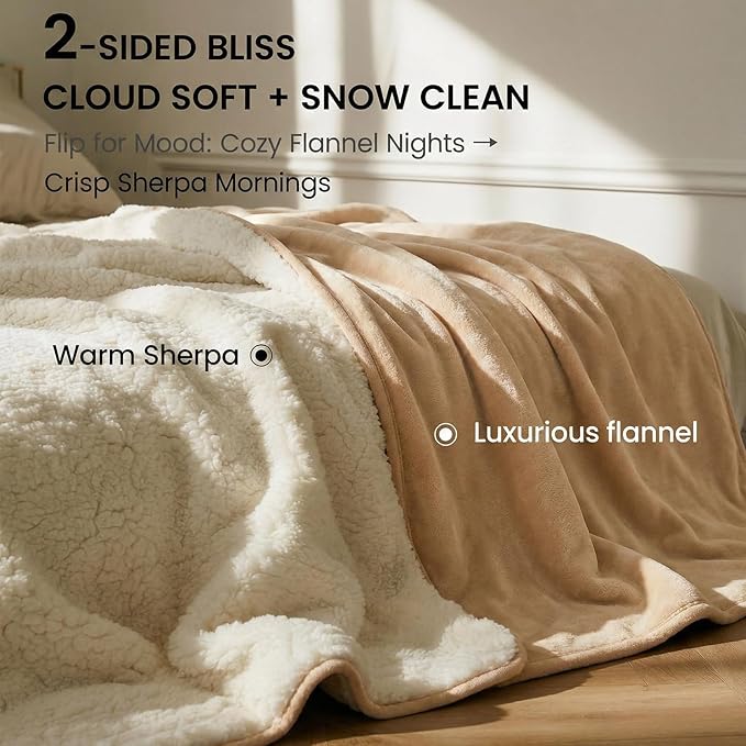 King Size Waterproof Blanket for Bed Couch, 80'' x 80'' Double Side Leakproof Reversible Sherpa Flannel Fleece 3-Layer Lightweight Blanket, Absorbs 70oz(Beige/White), Machine Washable