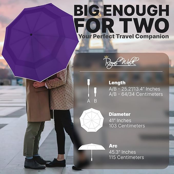 Royal Walk Windproof Folding Travel Umbrella Compact and Strong Luxurious Real Wood Handle Automatic Open Close Vented Double Canopy for Men and Women (Purple)
