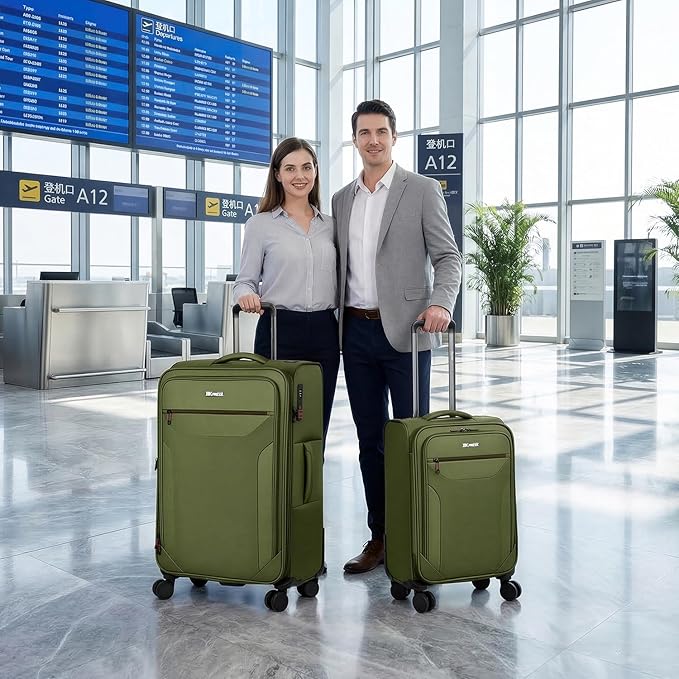 2PCS Set（22in/32in）Softside Luggage Sets w/ Spinner Wheels,Expandable 20% Luggage w/TSA LOCK,Upright Spinner Softshell,Lightweight Durable Rolling Travel Luggage Set for Men/Women（Green,22in/32in）
