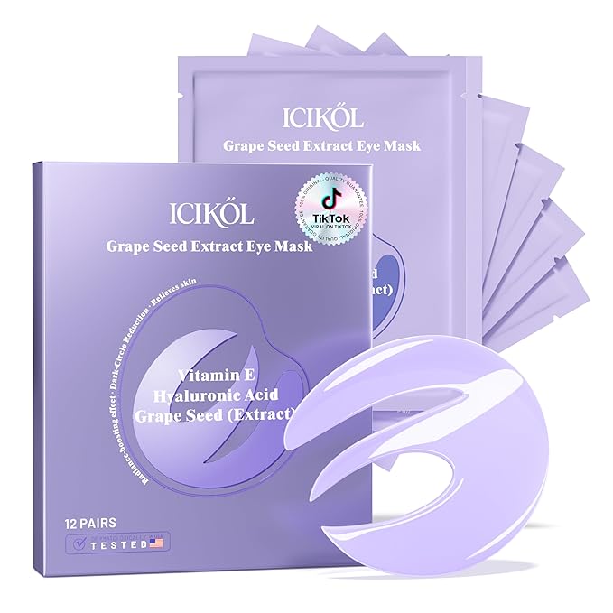 Under Eye Patches with Grape Seed Extract, Eye Patches for Puffy Eyes and Dark Circles, 360° Under Eye Mask for Radiance Boosting Effect, Dark‑Circle Reduction, Relieves Skin, 12 Pairs (Purple)