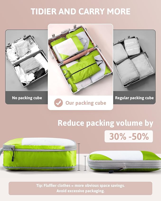 Meowoo 7 Set Compression Packing Cubes for Travel, Durable Ripstop Mesh Suitcase Organizer with Shoe Bag, Ultralight & Expandable Space Saver Travel Cubes