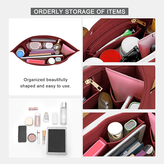 LOUKAYCCI Purse Organizer Insert for Longchamp Le Pliage M Handbag Insert Felt Long Champ Tote Bag Organizer Insert with Cup (BurGundy, Medium)