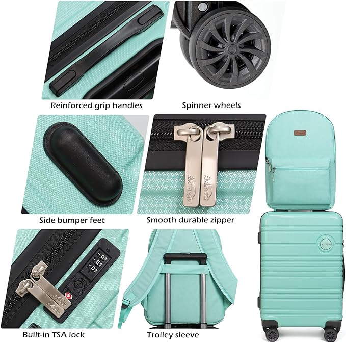 ABS+PC Carry on Luggage set with backpack 3 Pcs suitcace with Spinner wheels TSA Lock 20-In hardshell Lightweight Luggage set (Mint Green)