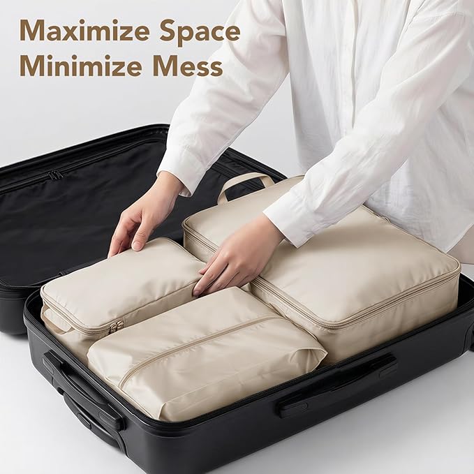 Packing Cubes for Travel,Space-Saving & Stylish Minimalist Design Lightweight,Traval Organizer Bags for Luggage，Compression Packing Cubes Set 4 - Gifts for Women Beige