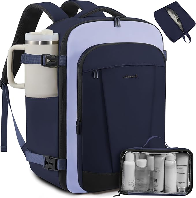 LOVEVOOK 40L Travel Backpack for Women & Men, Airline Approved Carry On Backpack, TSA Personal Item Bag fits 17.3 Inch Laptop, Waterproof Weekender Overnight Bags Suitcase for Work, Ink Blue-Grey