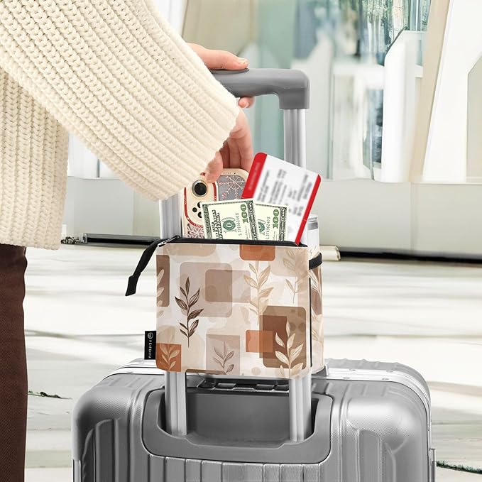 Luggage Cup Holder for Suitcases Free Hands Travel Cup Holder Portable Suitcase Cup Drink Holder Luggage Cup Caddy Bag Carrier Light Brown Boho Leaves