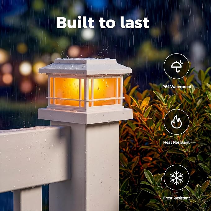JOFIOS Flickering Flame Solar Post Cap Lights Outdoor, White Post Lights with 3 Color Temperature, Fits 3.5" 4" 4.5" 5" Wood/Vinyl Posts, IP64 Waterproof Fence Deck Lights for Garden Patio Yard 2 Pack