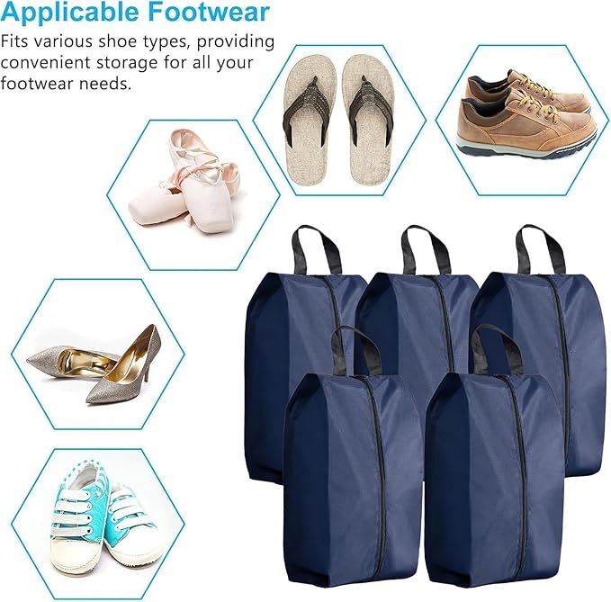 5Pcs XL Travel Shoe Bags Portable Travel Gifts Shoe Organizer with Zipper Closure, Waterproof Nylon Shoe Storage Organizer with Handle Travel Bags For Men and Women, Navy