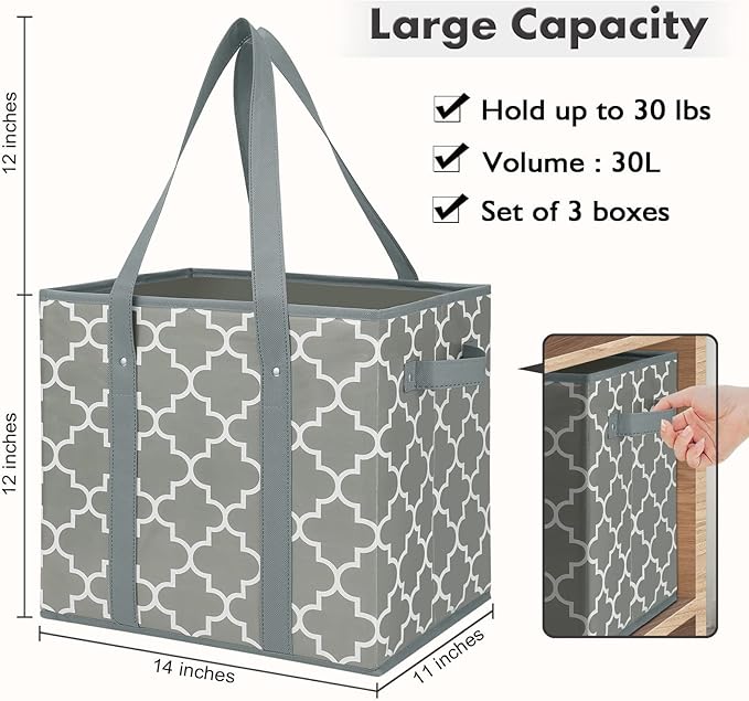 WISELIFE 3-Pack Reusable Grocery Bags Foldable Washable Storage Bins Basket Water Resistant Shopping Utility Tote Bag Grey