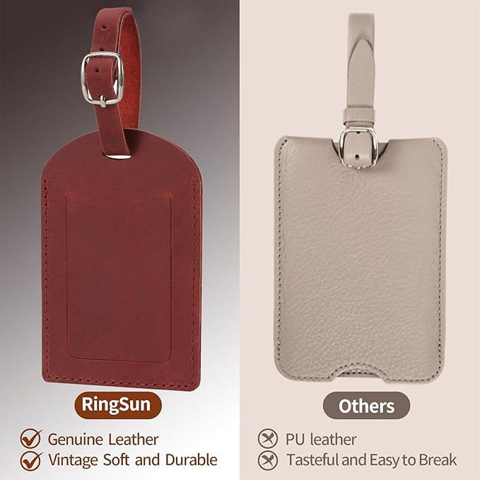 Ringsun Genuine Leather Luggage Tag for Suitcases ID Tags Bag Tags for Luggage (6 Pack, Red)