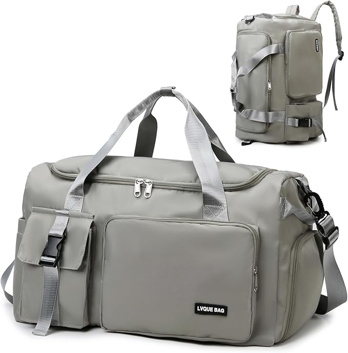 Eslcorri Gym Duffle Bag for Women Men, Sports Backpack with Wet & Shoe Compartment, Fitness Overnight Weekender Bag for Yoga, Swim, Travel (B, Grey)