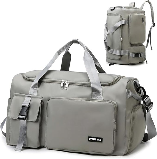 Eslcorri Gym Duffle Bag for Women Men, Sports Backpack with Wet & Shoe Compartment, Fitness Overnight Weekender Bag for Yoga, Swim, Travel (B, Grey)