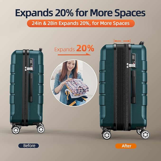 SHOWKOO Luggage Sets Expandable 100% PC Suitcase Double Wheels TSA Lock 3PC (ArmyGreen)