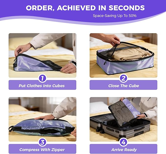 8-Piece Compression Packing Cubes for Travel, Elegant Ultralight Luggage Organizer Set for Women, Space Saving for Carry-On, Suitcase & Vacation Cruise Travel - Purple
