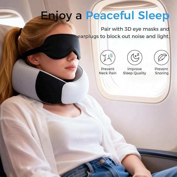 Travel Pillows, 100% Pure Memory Foam Neck Pillow for Airplanes, 360° Head Support, Ergonomic Design, with 3D Eye Mask, Earplugs and Storage Pouch, Airport Travel Essentials for Office, Airplane, Car