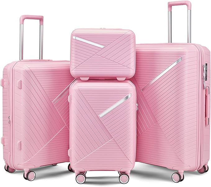 4 Piece Expandable Hardshell Pink Luggage Sets with Spinner Wheels, Lightweight Travel Suitcase Set with TSA Locks, 20 inch Carry On for Women (Pink#B, 4 Piece Set)