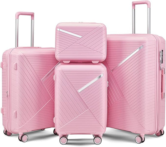 4 Piece Expandable Hardshell Pink Luggage Sets with Spinner Wheels, Lightweight Travel Suitcase Set with TSA Locks, 20 inch Carry On for Women (Pink#B, 4 Piece Set)