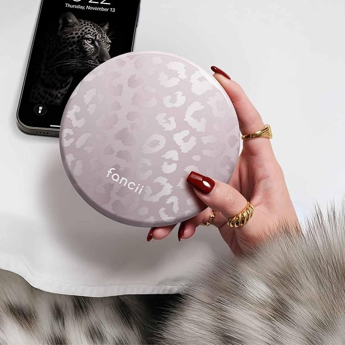 Fancii Taylor LED Lighted Travel Makeup Mirror, Rechargeable, 10x /1x Magnifying, Tru-Glow Lighting System, XL Large 5” Wide | Compact Mirror for Purses (Cosmic Leopard)