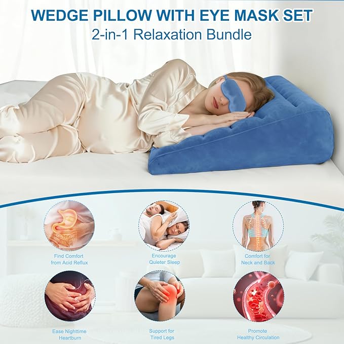 TheClover Inflatable Travel Wedge Pillow for Sleeping – Portable Neck & Back Support with Sleep Eye Mask, Adjustable Air Cushion for Airplane, Car, Office Use