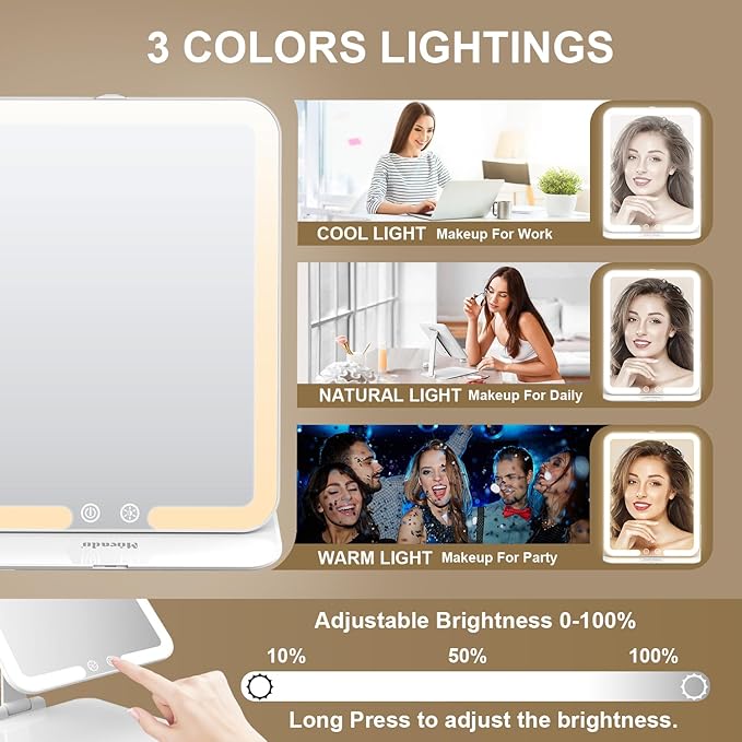 Mocado Travel Makeup Mirror with Light, Tripple Folding Vanity Mirror with Lights, 3 Colors Lighted Makeup Mirror, 1500mAh Rechargeable, Memory Function, Freely Adjust Height and Angle(White)