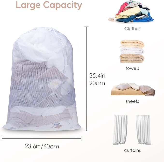 Meowoo Large Mesh Laundry Bag, 24×36inch Heavy Duty Mesh Laundry Bags Drawstring Lockable, Laundry Hamper Liner, Machine Washable, for Travel,Storage, Sports Factories, Dorms, White 1pcs