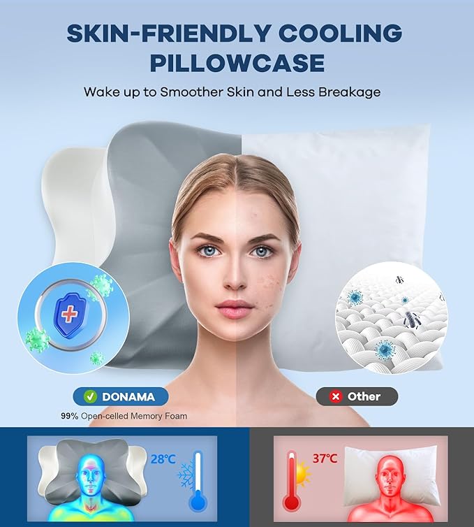 DONAMA Cervical Pillow for Neck and Shoulder Pain Relief, Cooling Contour Memory Foam Pillow, Dual-Height Ergonomic Neck Support Pillow for Side Back Stomach Sleepers with Removable Pillowcase