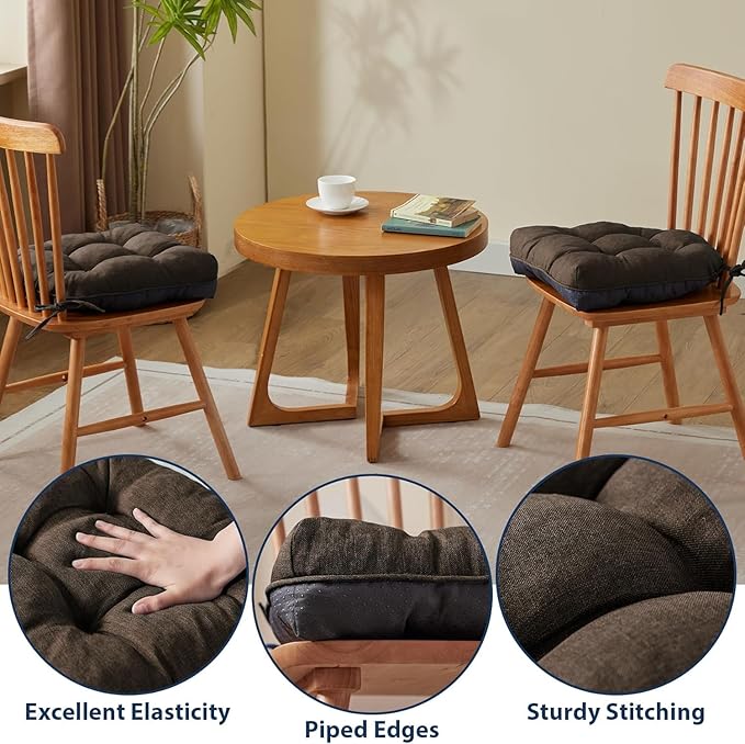 Chair Cushions for Dining Chairs, Seat Cushions for Kitchen Chairs, Indoor Seat Cushions with Ties, Tufted Foam Chair Pads, Non Slip Chair Cushions Set of 2, 15.5" x 15.5" x 4", Brown