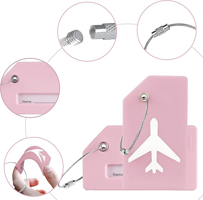 Gostwo 2 Pack Silicone Luggage Tags for Suitcases, 26 Initial Letter Baggage Labels Handbag School Bag Suitcase Instrument Tag with Stainless Steel Loop(Pink)(Airplane)