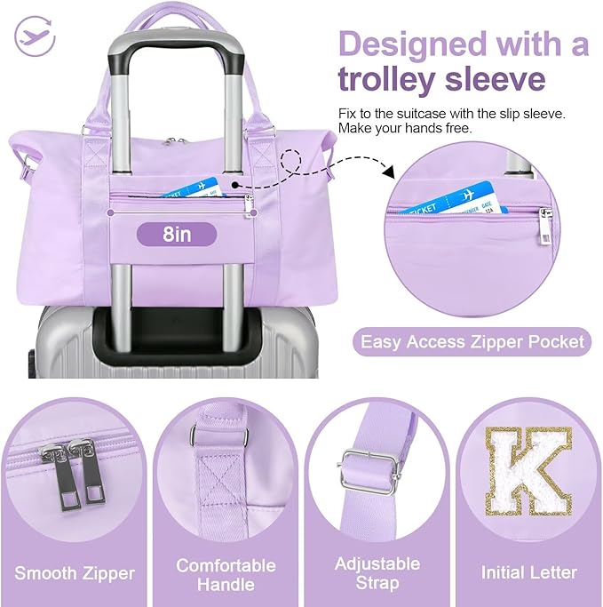 Dance Gym Duffel Bag for Teen Girls, Personalized Initial Travel Weekender Bag,Cute Overnight Carry On Duffle for Women,Sports Travel Cheer Bag,Monogram Christmas Gifts for Tween Preppy(purple-K)