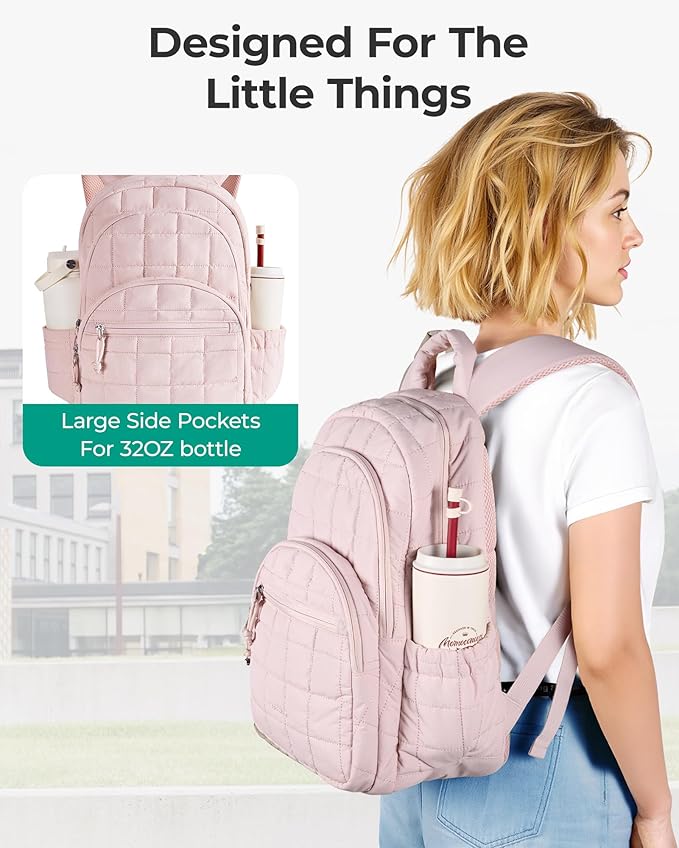 BAGSMART College Laptop Backpack, Travel Backpack for Women, Quilted Casual Daypack, Water-Resistant Bookbag for 15.6 Inch Laptop, Pink
