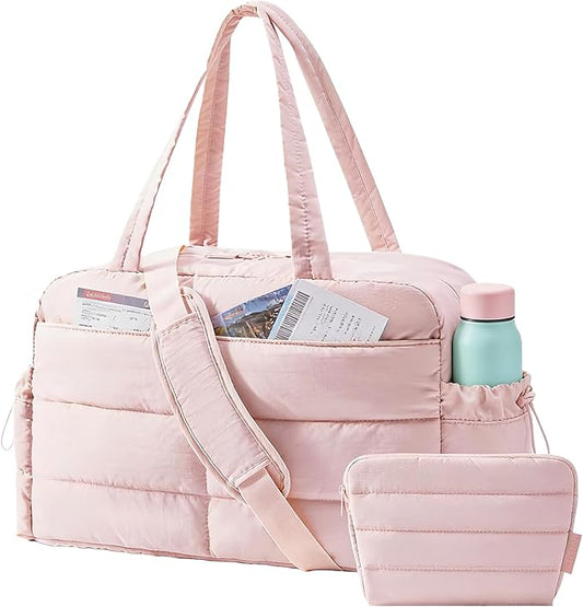 BAGSMART Gym Bag for Women, Lightweight Puffer Duffle Bag 2-PC Travel Bag, 31L Weekender Overnight Bag Quilted Carry On Tote Bag, Diaper Hospital Dance bag for Travel, Gym, Water Resistant, Pink