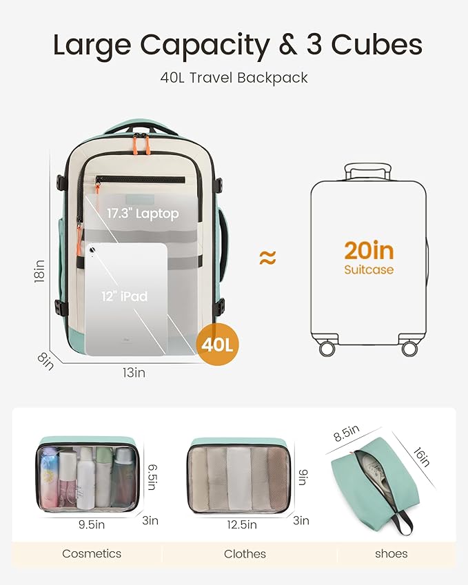 LOVEVOOK 40L Travel Backpack for Women & Men, TSA Approved Carry On Backpack with 3 Packing Cubes, Waterproof Personal Item Bag Fits 17" Laptop, Weekender Essentials Overnight Backpack for Trip