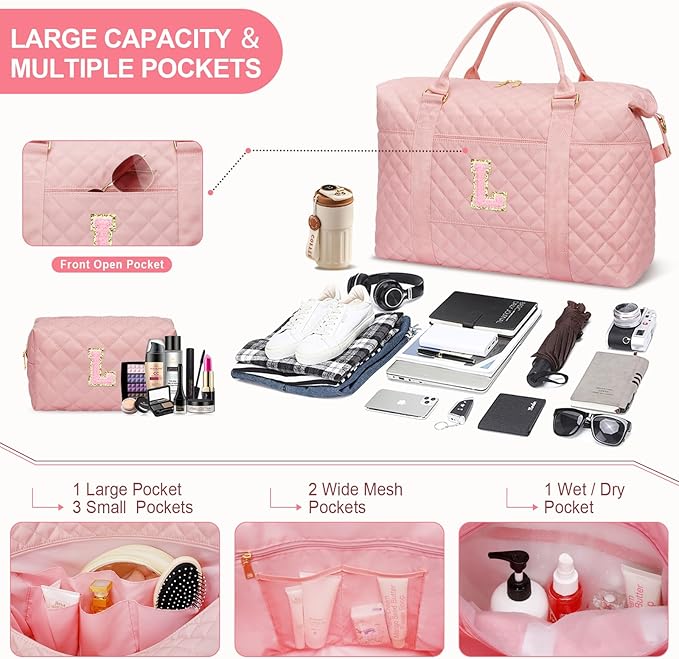 Gifts for Teen Girl, Initial Travel Duffle Bag, Personalized Women Weekender Overnight Bags, Gift for Daughter Kid Mom Friend College Girl Graduation Teacher（Pink,L)