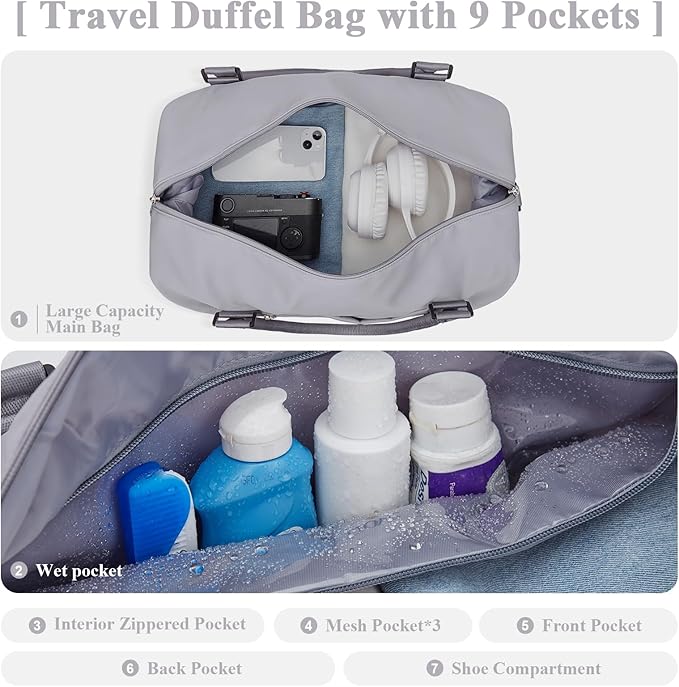Travel Duffel Bag with Shoes Compartment, Carry on Overnight Weekender Bags for Women, For Spirit Airlines 18x14x8 Personal Item Bag