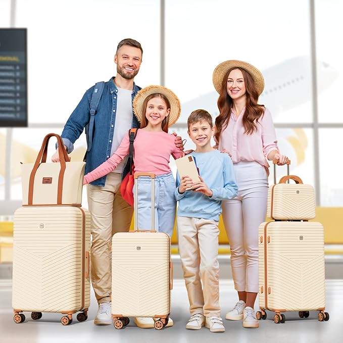 Hoteel Luggage Sets 6 Piece ABS+PC Hardside, 4-Year Warranty, Luggage Set with Spinner Wheels, TSA Lock, Lightweight Carry on Luggage, 13"/20"/24"/28" Suitcase with Duffel & Organizer, Beige