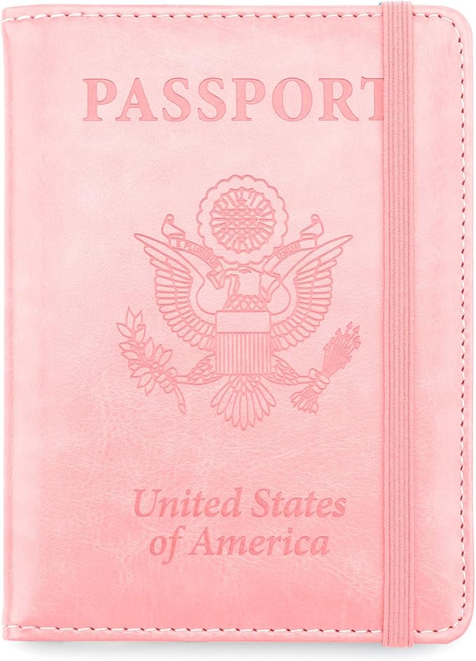 Passport Holder for Travel, Leather Passport Holder RFID Blocking Passport Cover Wallet Passport Case with Pen Holder Passport Holders for Travel Women Men Family Travels Must Haves Essentials, Pink
